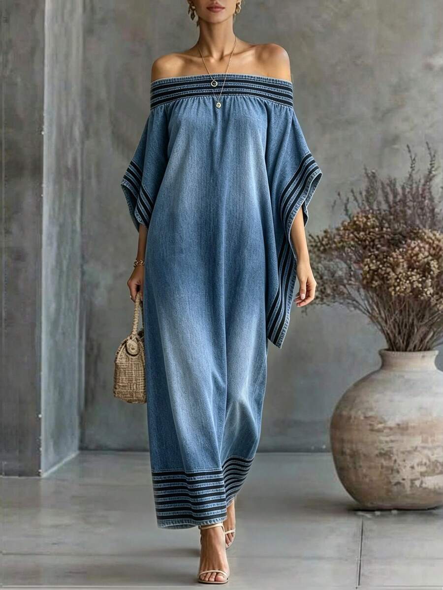 SHEIN Women's Off-Shoulder Colorblock Pleated Casual Daily Dress