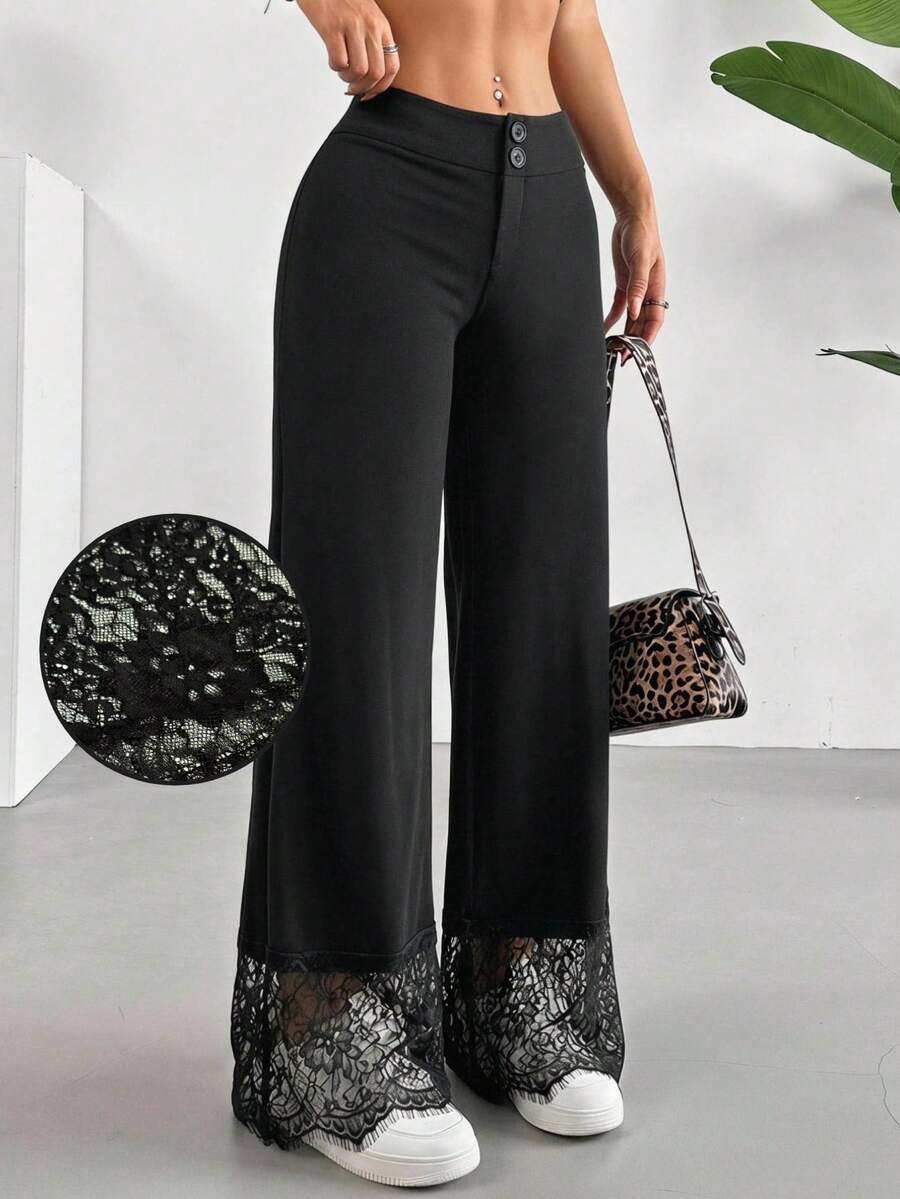 SHEIN EZwear 女款蕾絲拼接休閒百搭日常穿著長褲 - 黑色 - 查看 1