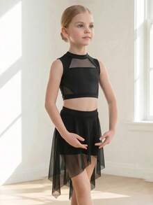 SHEIN Young Girls Ballet Dance Tango 2 Pieces Set Tank Top + Asymmetrical Hem Mesh Skirt High Elasticity Comfortable Knit Fabric Black 7th Birthday Fall - Black - View 2