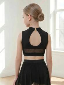 SHEIN Young Girls Ballet Dance Tango 2 Pieces Set Tank Top + Asymmetrical Hem Mesh Skirt High Elasticity Comfortable Knit Fabric Black 7th Birthday Fall - Black - View 3