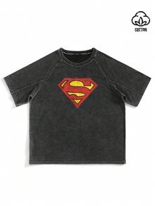 SUPERMAN X SHEIN TOKVUE Kaos Kasual Pria Musim Panas Motif Geometris, Liburan - Hitam - View 5