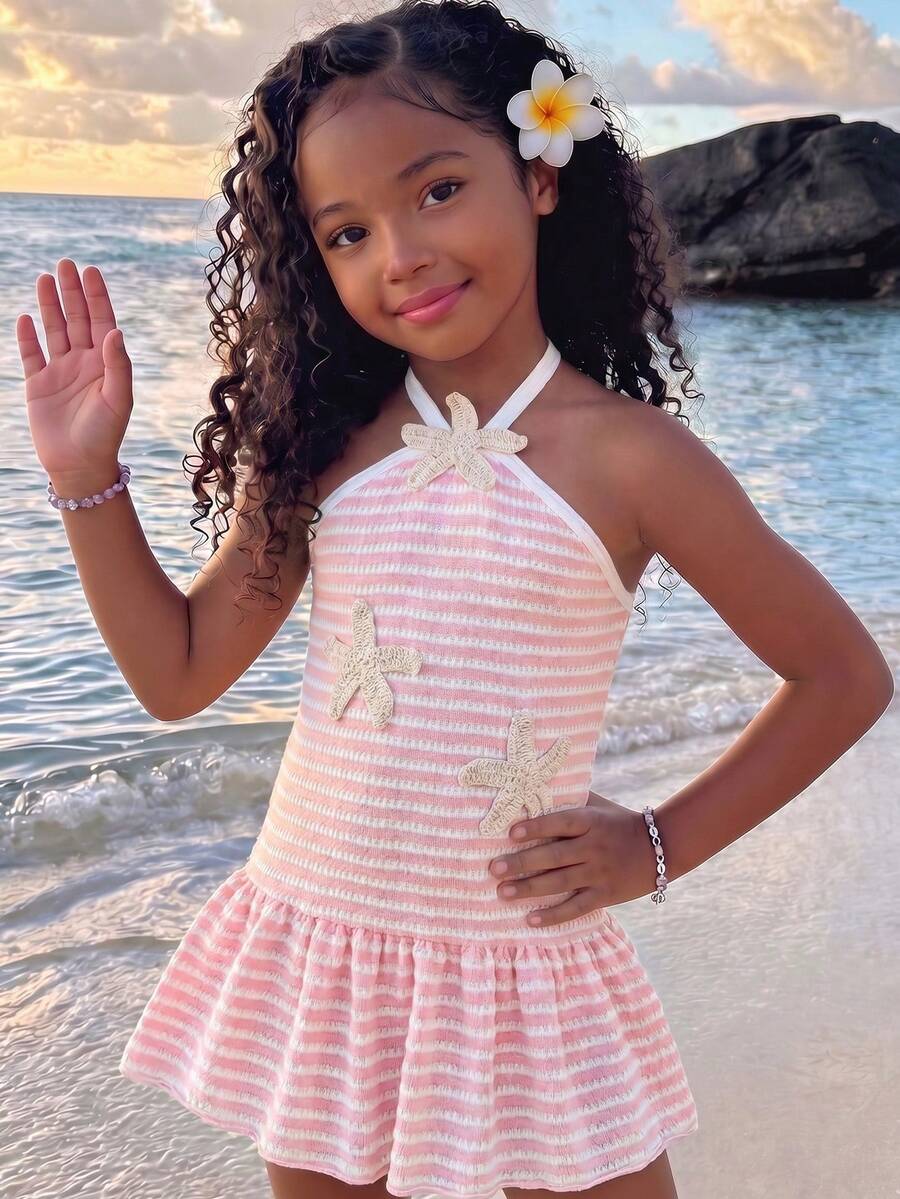 SHEIN Elladie kids 女童 YK2 夏季韓風新款甜美細肩帶露背彩虹條紋可愛度假洋裝 - 粉色 - 查看 1
