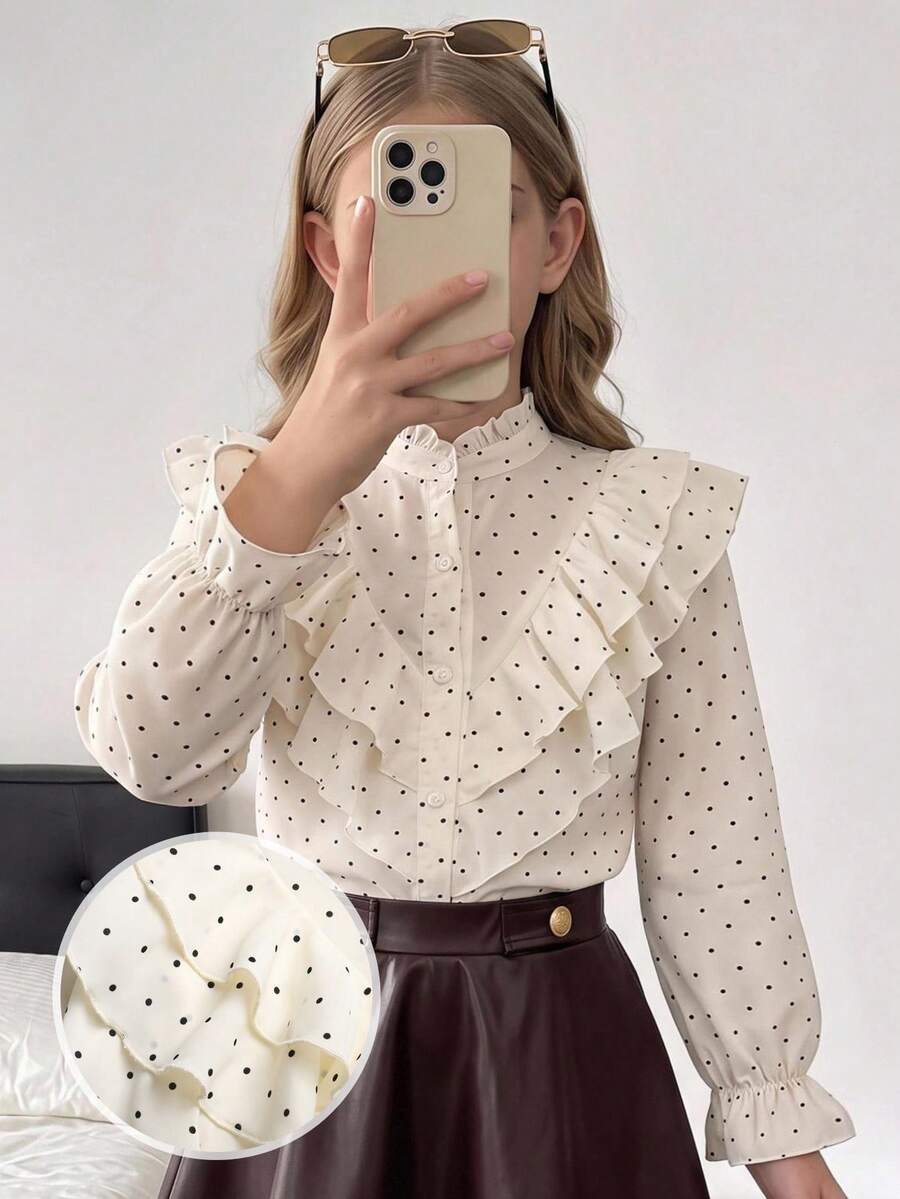 SHEIN 青少年女孩秋季新款休閒優雅波點圖案荷葉邊飾長袖襯衫 - 白色 - 查看 1