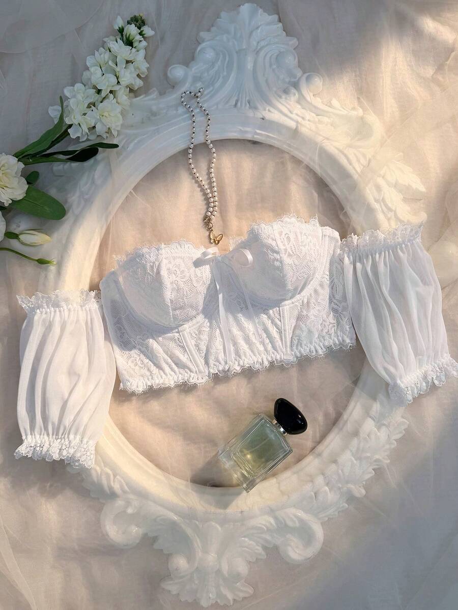 SHEIN 1件裝浪漫蕾絲睫毛設計鋼圈長肩帶內衣 - 白色 - 查看 1