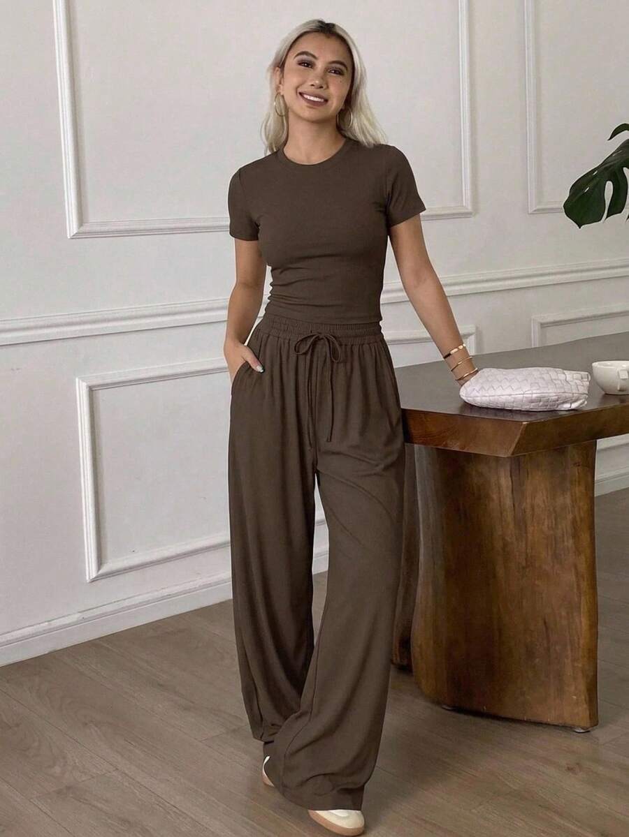 DAZY 2pcs Women Solid Color Short Sleeve T-Shirt And Long Pants Set Lounge Sets For Women Short Sets For Women - Chocolate Brown - View 1