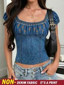 IslaSuriya Women's Fashionable Versatile Denim Effect Print Embroidered Tie-Up Top - Multicolor - View 3