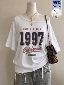 SHEIN EZwear 95%棉女款休閒露肩落肩短袖寬鬆T恤，女款夏季服飾，女款休閒穿搭，街頭風，適合日常通勤、約會、派對、秋冬、夏季、聖誕節、新年、感恩節、派對、婚禮、海灘、畢業、優雅、休閒、外出 - 白色 - 查看 8