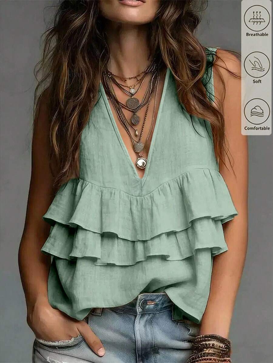 Trelyra Nueva Camiseta sin Mangas de Verano Color Caqui para Mujer Elegante Casual Minimalista Top de Vacaciones de Playa - verde menta - Ver 1