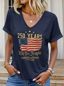 EMERY ROSE 大尺碼海軍藍夏季休閒日美國國旗印花V領短袖T恤，250 Years We The People 圖案印花，復古風 - 彩色 - 查看 3