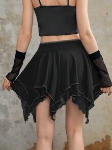 ROMWE Fairycore Contrast Binding Knot Side Asymmetrical Hem Skirt - Black - View 3