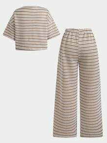 Teen Girls Summer New Knit Striped Casual Loose Short Sleeve T-Shirt & Pants Set Teen Girl - Apricot - View 2