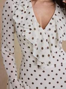 Enchnt Premium Otoño Romántico Vintage Vestido Elegante de Mujer con Estampado de Lunares Blancos y Negros, Cuello con Volantes, Atuendos Sociales, Ropa de Viaje, Ropa Formal - Blanco - Ver 2