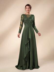 Serin Elegante y glamuroso vestido de gala con apliques de encaje bordado, mangas transparentes y falda completa, vestidos de noche para bodas, fiestas de graduación, festivales y fiestas de novias - Verde militar - Ver 6
