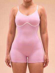 SHEIN Rhythm Era Women's Plus Size Piped Camisole Style Sports Athletic Romper Gym Light Pink Summer Pilates - Pink - View 3