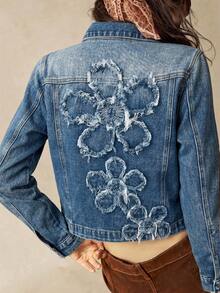 Bohemela Casual 70s Retro Streetwear 90s Solid Color Woven Denim Fitted Women's Jacket Everyday Going Out Birthday Blue Autumn - Blue - View 2