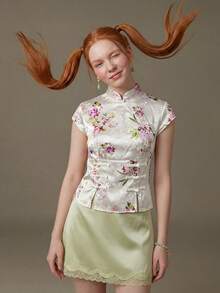 Elnivra Women's Sweet 60s 70s Elegant Satin Floral Print Glossy Top With Cap Sleeves Qipao Collar Drawstring Tie Frog Buttons Slit Hem Champagne - Apricot - View 6
