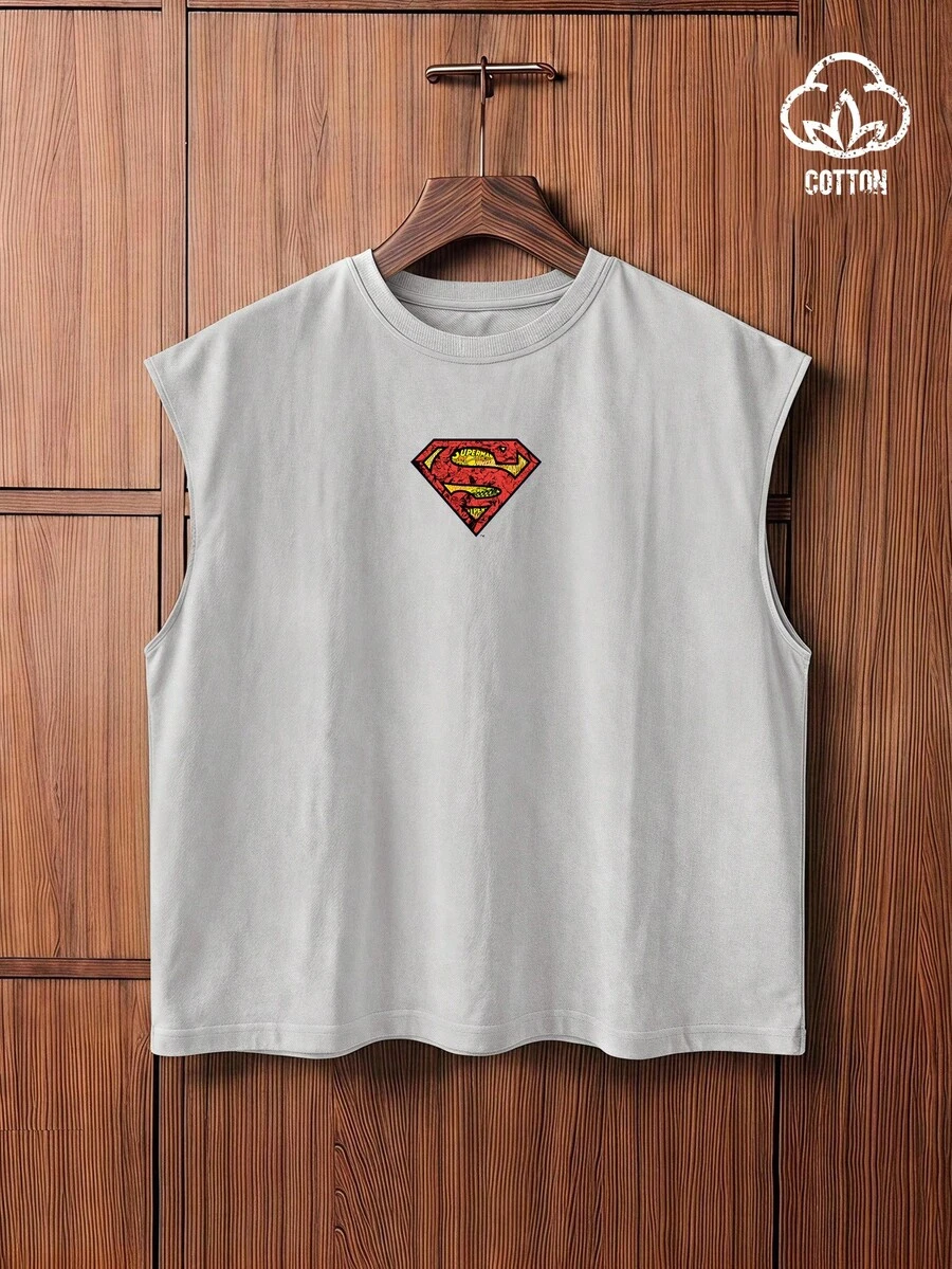 SUPERMAN X SHEIN Manfinity Hypemode 男士字母印花圓領休閒寬鬆背心,夏季度假款 - 灰色 - 查看 1