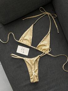 Swim SXY 女款夏季海灘金箔掛脖繫帶性感時尚比基尼兩件式泳衣套裝 - 金色 - 查看 2