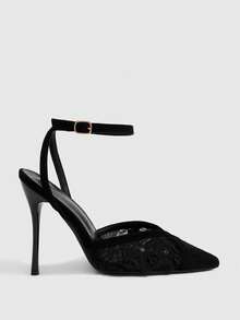CUCCOO SZL Black Lace Mesh Pointed Buckle Back Empty Stiletto Shoes, Commuter Workplace Model - Black - View 2