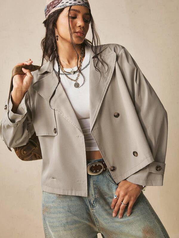 Freevana Französischer minimalistischer Stil | Hellkhaki klassischer Revers-Kurz-Trenchcoat mühelos schicker doppelreihiger lockerer Mantel