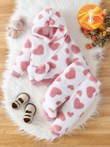 SHEIN Vintaside Kids 嬰兒毛絨套裝，加厚珊瑚絨連帽套裝附袋，可愛粉色與白色條紋愛心設計，秋冬家庭親子搭配校園風 - 白色 - 查看 4
