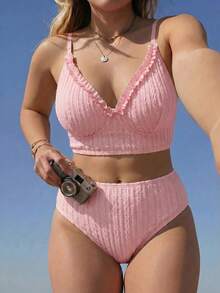 Swim Mod Conjunto de 2 piezas de ropa de playa para mujer, nuevo verano 2026, dulce, elegante y lindo, adecuado para vacaciones, playa, fiesta, uso en yate, hecho de tela texturizada, decorado con ribete acolchado, top de sujetador con copa suave ajustable y conjunto de bikini lindo, conjunto de traje de baño de talla grande - Rosa - Ver 7
