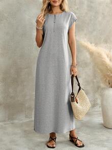 EMERY ROSE Women's Zipper Casual Solid Color Loose Fit Short Sleeve Long Dress, Summer Everyday Light Grey Birthday Going Out Vacation Outfits - Grey - View 8