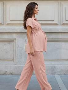 MaterniWear 孕婦純色短袖上衣與可調節腰圍長褲休閒日常2件套 - 淺粉色 - 查看 4