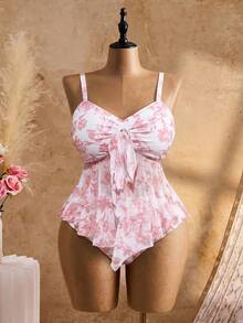 Swim Mod 2026 New Summer Vacation Sweet Floral Plus Size Tank Bikini Beach Vacation White - Pink - View 7
