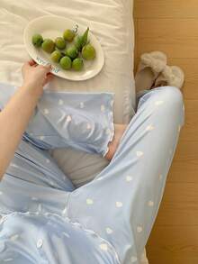 SHEIN 休閒舒適可愛雲朵 V 領短袖長褲睡衣套裝 - 藍色 - 查看 4