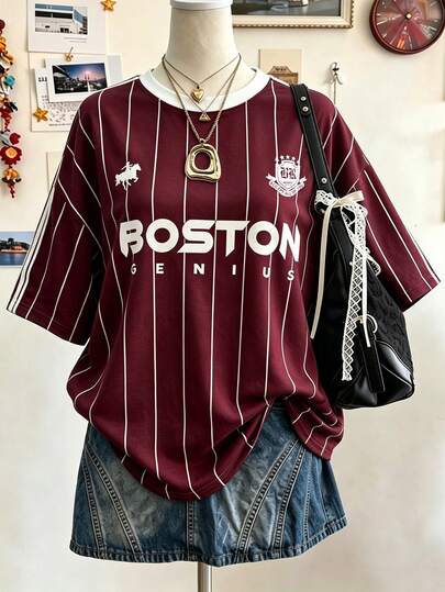 Lalippa Kaos Wanita Minimalis Gaya Fashion Ukuran Sedang Leher Bulat Bahu Jatuh dengan Motif Garis Vertikal Huruf Cetak Digital, Hadiah untuk Teman
