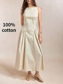 BizChic Waist-Cinched Lace Trim Patchwork Pleated Striped Dress, Elegant Sexy French Vintage Business Commute Date Daily Vacation Halloween Back To School Party Birthday Slimming Elegant Versatile Autumn Wedding Guest Church Special Occasion Office Formal Vacation Style Light Luxury Minimalist - Apricot - View 5