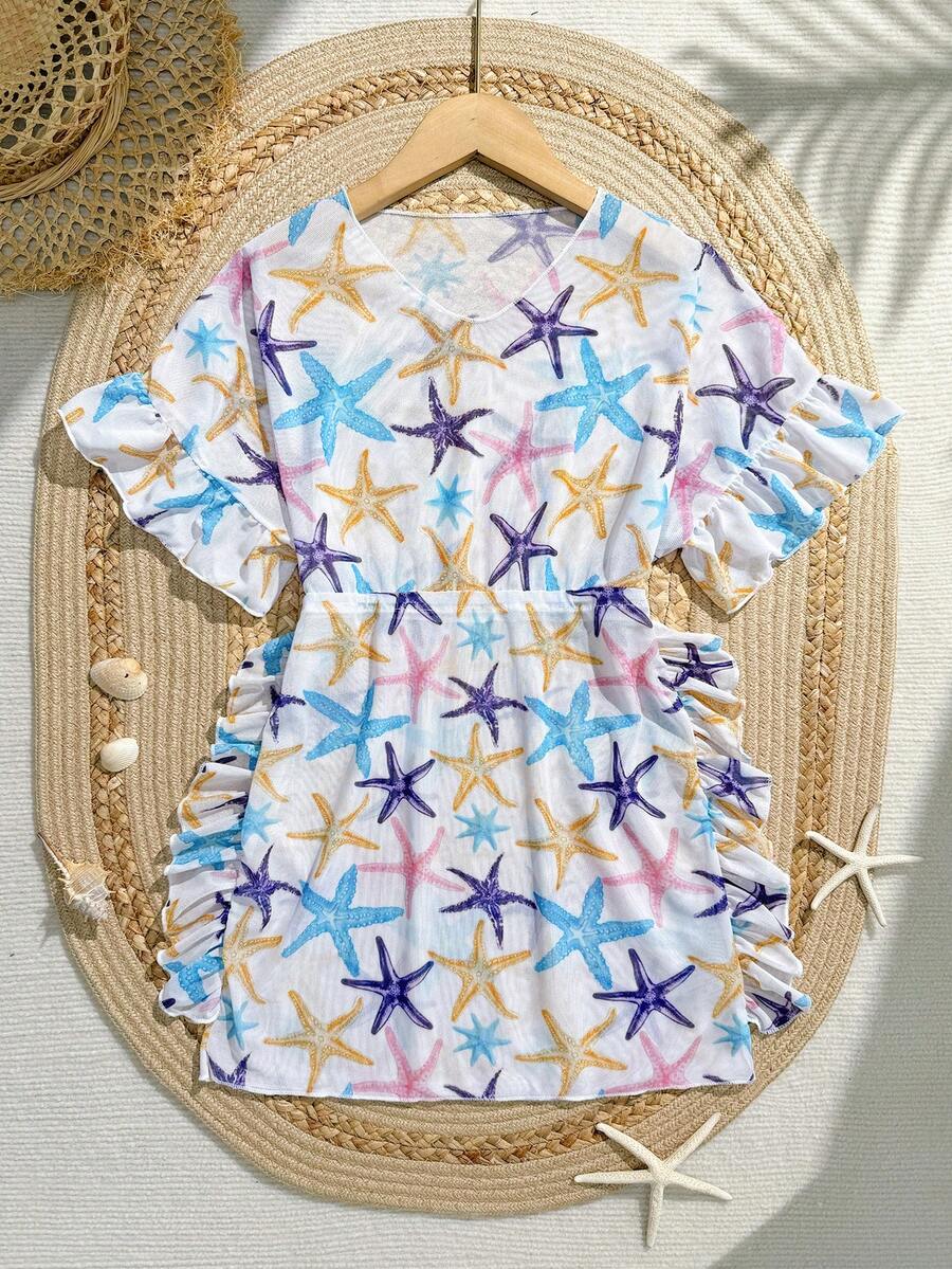 SHEIN 少女款休閒度假罩衫 白色底印花藍色海星針織面料 袖口與腰側飾有可愛荷葉邊下擺套頭外套 時尚休閒優雅大方 適合游泳、夏季度假、海邊與泳池 - 紫色 - 查看 1