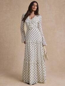 Enchnt Premium Otoño Romántico Vintage Vestido Elegante de Mujer con Estampado de Lunares Blancos y Negros, Cuello con Volantes, Atuendos Sociales, Ropa de Viaje, Ropa Formal - Blanco - Ver 1