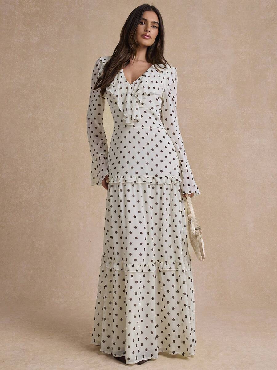Enchnt Premium Otoño Romántico Vintage Vestido Elegante de Mujer con Estampado de Lunares Blancos y Negros, Cuello con Volantes, Atuendos Sociales, Ropa de Viaje, Ropa Formal - Blanco - Ver 1