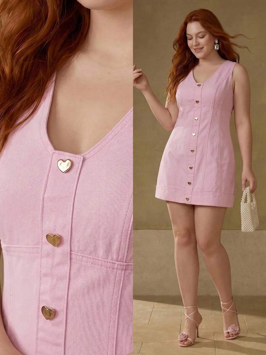 MOTF PREMIUM PLUS SIZE ELEGANT HEART BUTTON DECOR PINK DENIM DRESS - Pink - View 1
