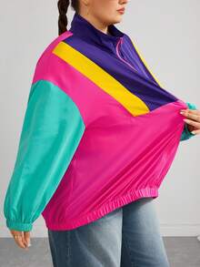 SHEIN CURVE+ 大尺碼休閒簡約薄款夾克，時尚多色拼接秋季夾克，2026年秋冬 22W 桃紅色 - 彩色 - 查看 4