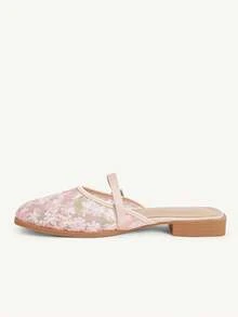 CUCCOO CHICEST Women's Shoes Fashion Mesh Lace Square Toe Word With Low Heel Sandals Women's Casual And Comfortable Temperament Versatile Flat Shoes - cherry blossom powder - View 5