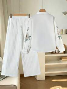 SHEIN 青少年女孩蝴蝶圖案長袖上衣與長褲休閒套裝 - 白色 - 查看 2
