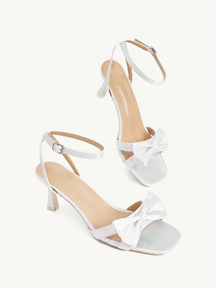 CUCCOO CHICEST White Satin Square Toe High-Heeled Sandals, Summer New Bow Buckle Stiletto Back Strap Open-Toed Women's Shoes - White - View 4