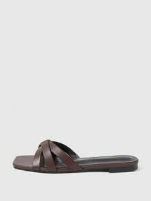 Sleekvia Ladies' Classic Simple Commute Dark Brown Strap With Gold Buckle, Comfortable Small Square Toe Flat Bottom Sandals, Suitable For Commuting, Vacation, Beach - dark brown - View 6