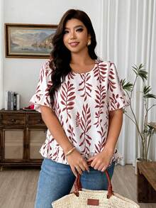 Weeklong Plus Size Women's Vacation Botanical Print Round Neck Short Sleeve Casual Shirt - Khaki - View 4