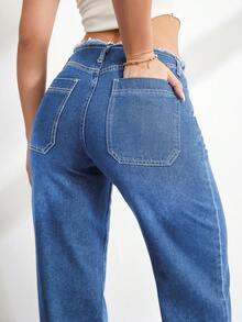 SHEIN Tall 女款高腰鈕扣口袋寬鬆寬腿藍色牛仔褲，春夏休閒度假日常街頭七分牛仔褲 - 中等水洗藍 - 查看 2