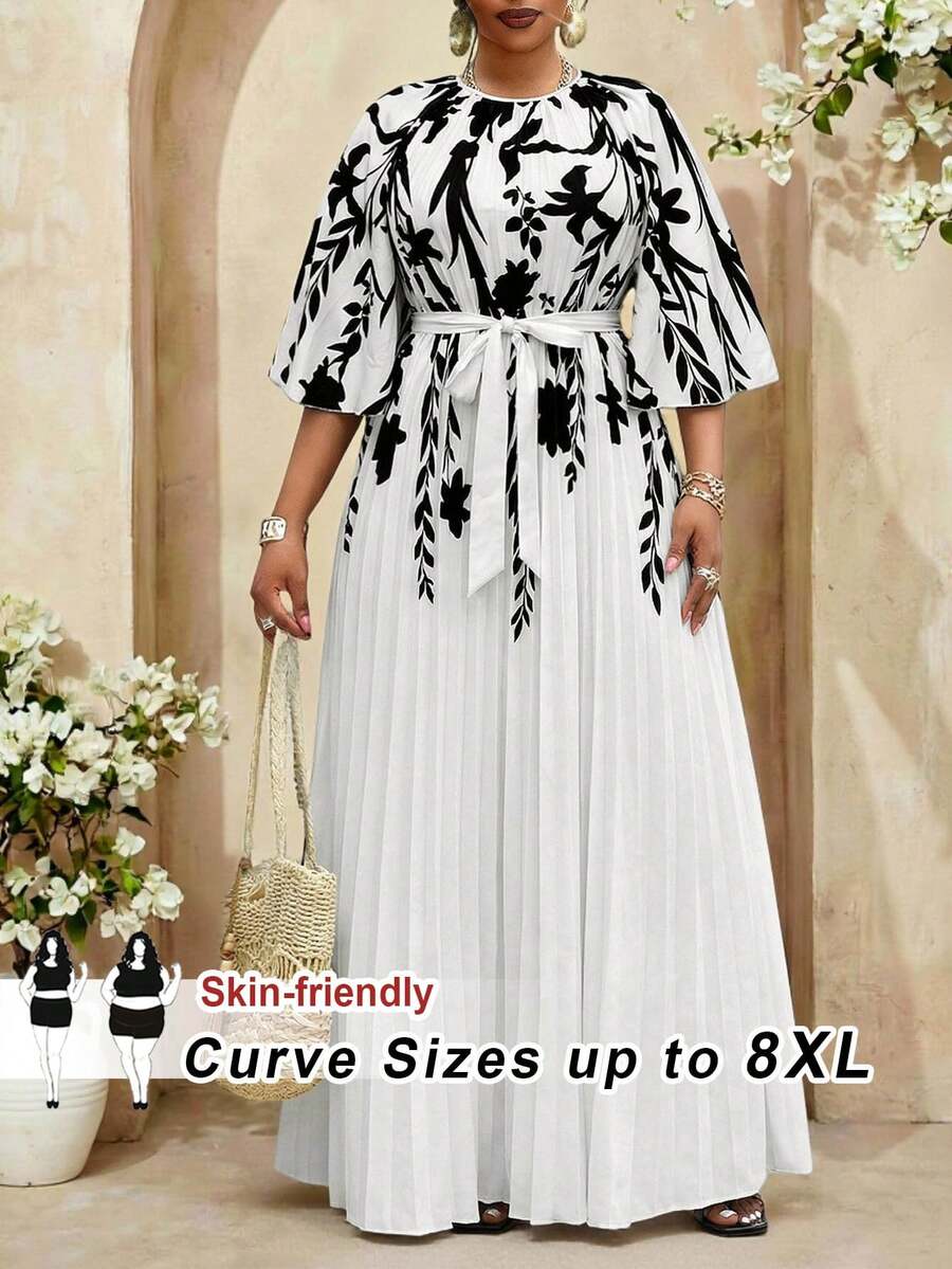 SHEIN CURVE+ 大尺碼女款優雅印花百褶洋裝,百褶洋裝,長款優雅洋裝,女款海灘穿搭/海灘洋裝/海灘度假穿搭/海灘必備/畢業典禮/下午茶洋裝,夏日洋裝/鄉村風/海灘度假穿搭/海灘穿搭/海灘服飾 - 黑與白 - 查看 1