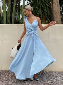 DAZY Women's Vacation Asymmetrical Neckline Sleeveless Dress With Drawstring Waist Summer - Blue - View 4