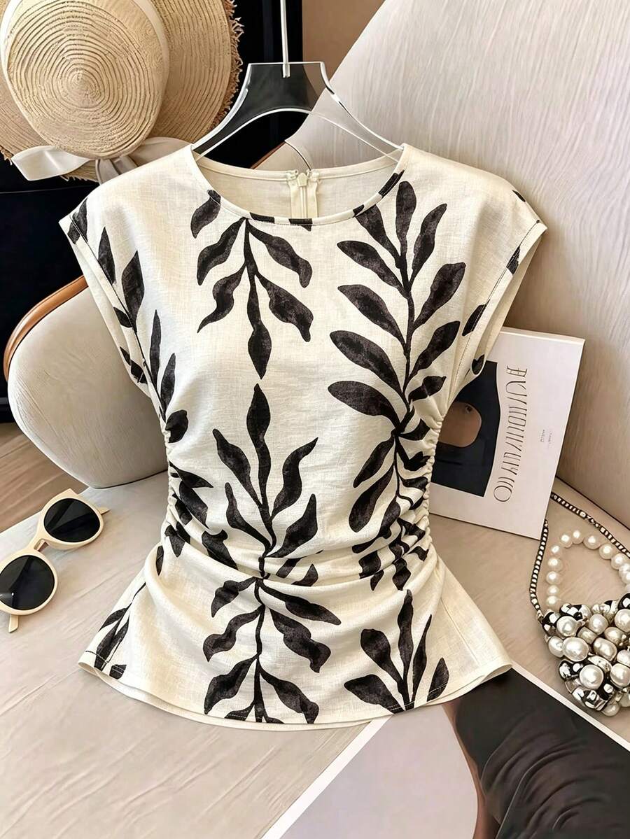 SHEIN Franclia 女款優雅圓領抓皺腰身修身短袖百搭純色淺杏色襯衫 - 杏色 - 查看 1