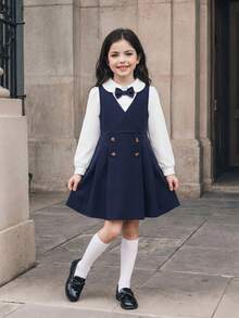 Back To School Season Girls' British Academy Style 2-Piece Dress Set, 4-7 Years Old Children's School Uniform, Peter Pan Collar Long Sleeve Shirt Paired With Elegant Bow Decor, Double-Breasted V-Neck Vest Dress Set, Girls' Spring/Summer Light Formal Piano Performance Outfit, Campus Choir Uniform, Stylish Everyday Princess Dress - Royal Blue - View 3