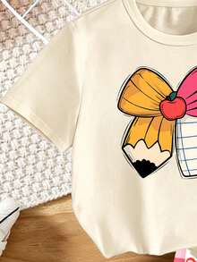 返校季女童幼兒創意卡通鉛筆蘋果印花基礎短袖T恤與彩虹格紋短褲套裝 - 彩色 - 查看 6
