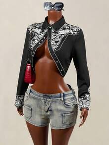 Mistrie Nueva camisa corta de cuello redondo con estampado de moda vintage negro para mujer, otoño, con estampado jacquard para mujer - Negro - Ver 4