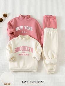 Cozy Pixies 女嬰兩件套：簡約長袖圓領針織秋季套頭衫，小熊圖案，搭配鬆緊腰長褲 - 彩色 - 查看 1